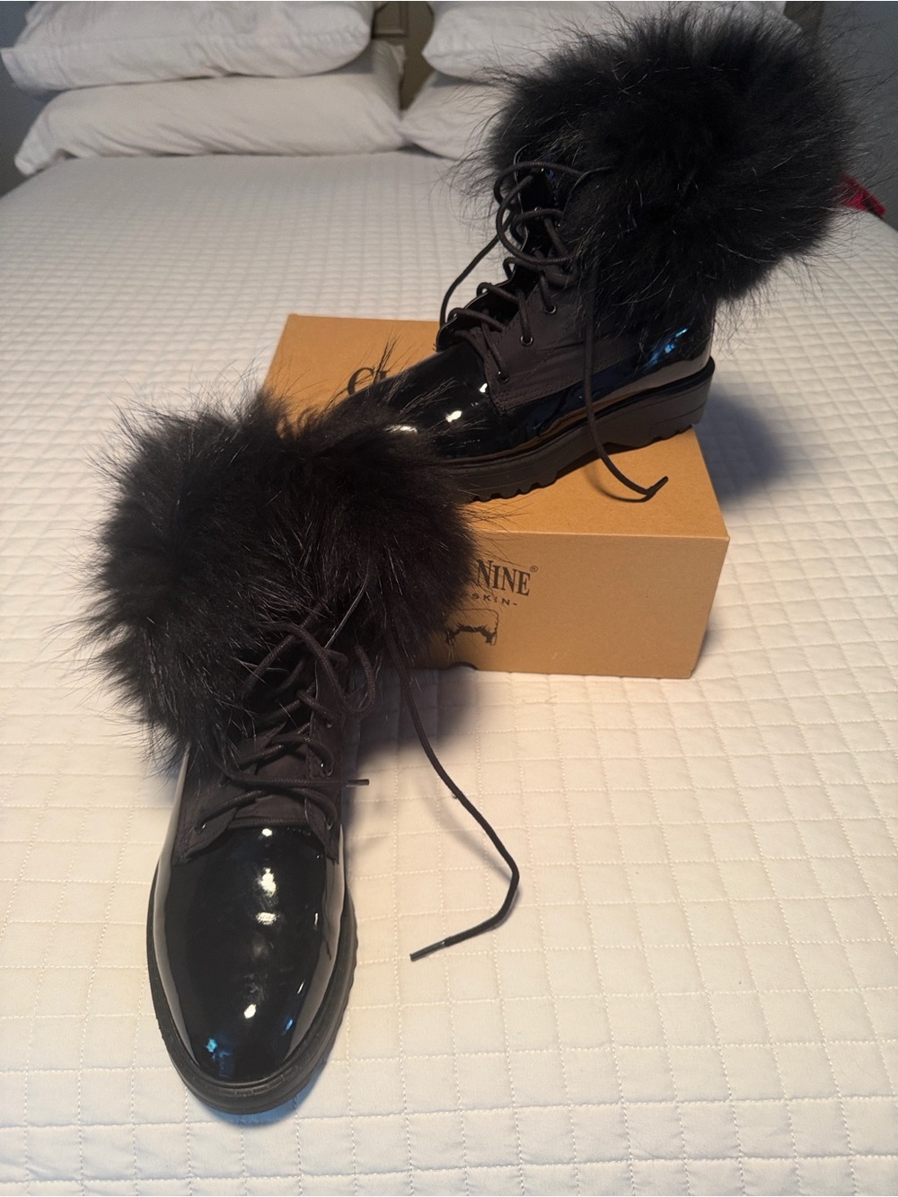 Patent Lace-Up Women's Black Fur-Trim Boots